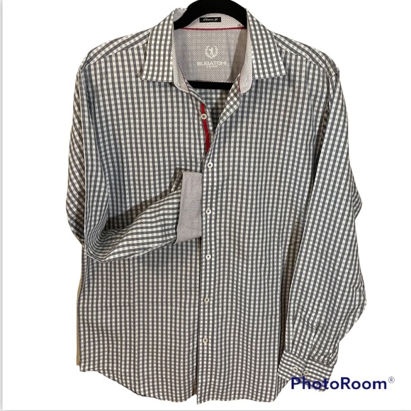 Bugatchi Other - Bugatchi Uomo Classic Fit Grey and White Checkered Dress Shirt Sz XL